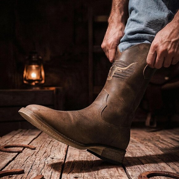 Men\'s Coffee Toe Western Boots Vegan/genuine Leather With Classic Patriot
